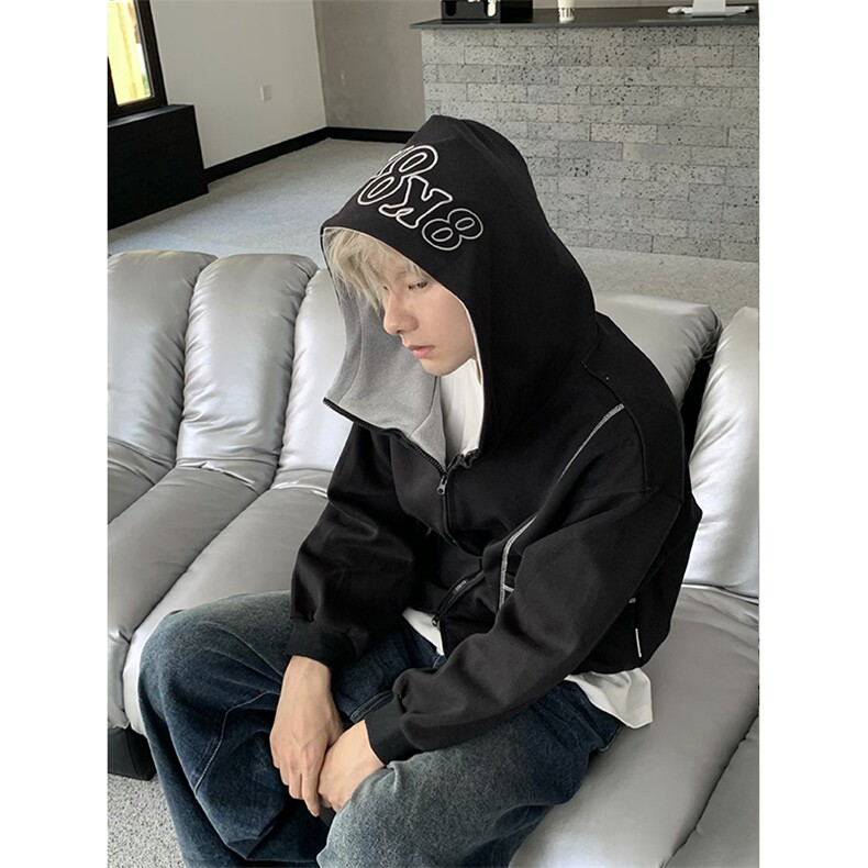 港风秋款男连帽卫衣字母刺绣大口袋明线开衫外套WY01P60,女装短外套,星座1013-1