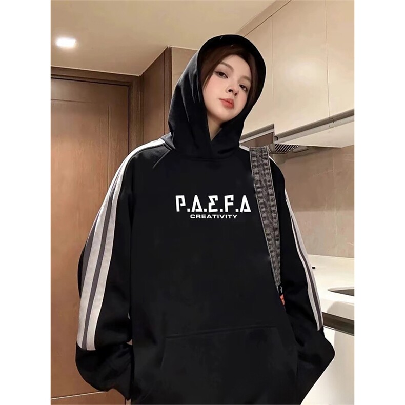 抖音得物美式仿棉拼接织带撞色宽松潮连帽印花卫衣外套A1807，女装短外套，电商A443