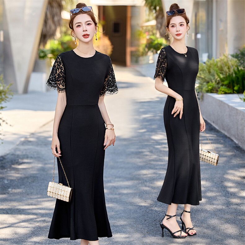 法式蕾丝拼接连衣裙女2025年夏装新款气质名媛修身黑色包臀鱼尾裙,女装连衣裙,布芭啦
