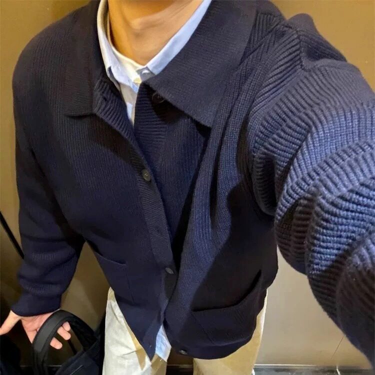 高品质针织翻领开衫男秋冬季男士修身毛衣外套有口袋外穿夹克线衣,男装针织衫/毛衣,四季星座505