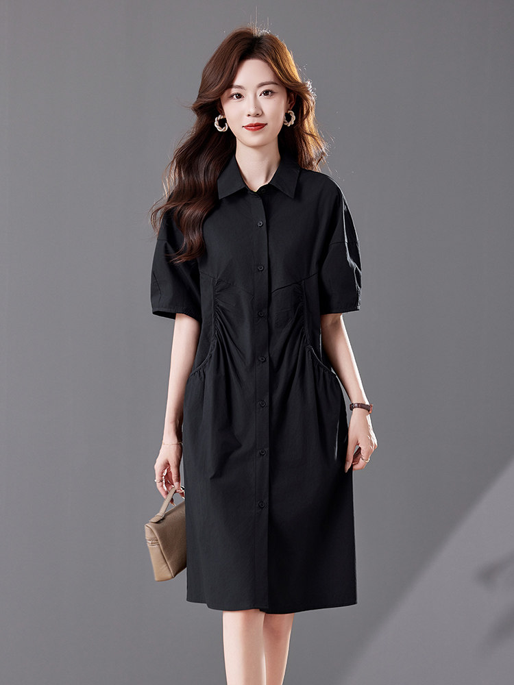 休闲风翻领大口袋短袖连衣裙女2025夏季大码胖MM宽松百搭衬衫裙子,商品下架区,靓衣阁