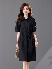 休闲风翻领大口袋短袖连衣裙女2025夏季大码胖MM宽松百搭衬衫裙子，商品下架区，靓衣阁
