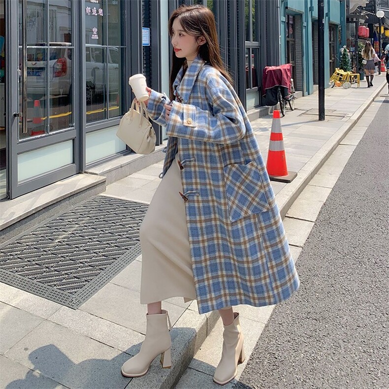 蓝色牛角扣格子毛呢外套女中长款2022冬新款高级感韩系过膝呢大衣,女装连衣裙,浙宝276（原081）