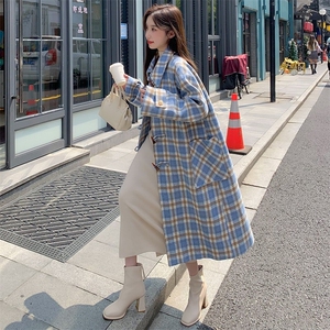 蓝色牛角扣格子毛呢外套女中长款2022冬新款高级感韩系过膝呢大衣图片