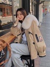 2021冬季新款派克服女海军领短款可拆卸兔毛内胆狐狸毛领外套，其它，L·H·X