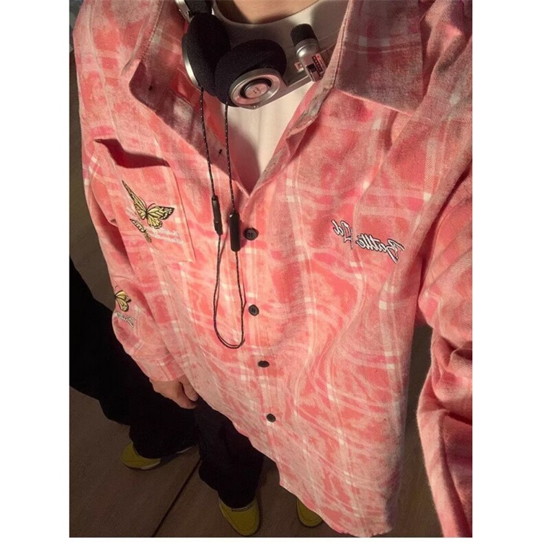 美式水洗做旧蝴蝶刺绣格子衬衫长袖男女宽松休闲百搭衬衣C6050,男装衬衫,星座1116A（原606A-3）