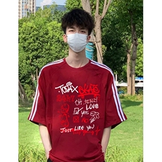 抖音得物高品质二开240克宽松纯棉美式潮牌三条杠织带短袖T恤，男装T恤，电商A486-1