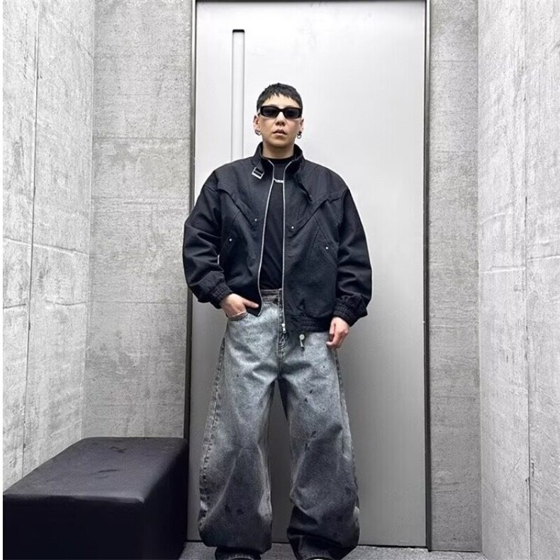 春季新款2025男生美式复古百搭泼墨水洗渐变弯刀牛仔裤阔腿休闲裤,男装休闲裤,星座506A