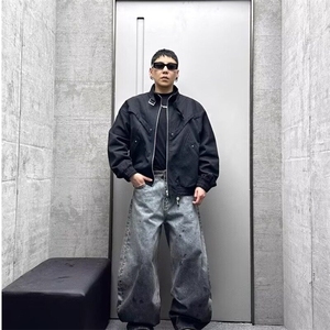 春季新款2025男生美式复古百搭泼墨水洗渐变弯刀牛仔裤阔腿休闲裤,夏天穿长连衣裙鞋子百搭图片
