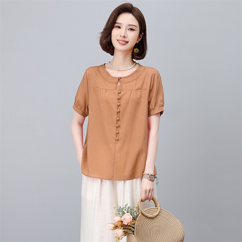 棉麻休闲女夏装2025夏季新款中年妈妈宽松洋气时尚裤子,女装衬衫,阿丹