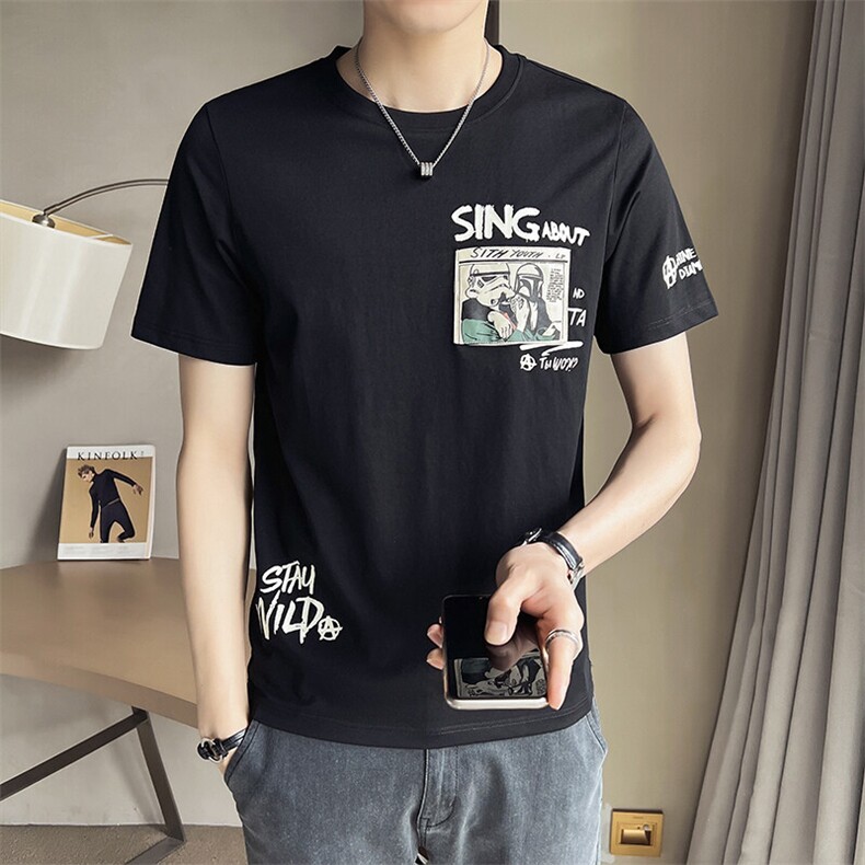2025新款男士短袖T恤夏季潮牌贴布卡通印花半袖A313-6616-P45,男装T恤,电商A313