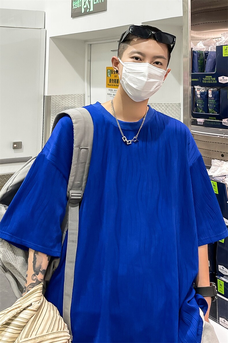 T6058/P35高品质港风垂感冰丝短袖T恤男装潮宽松克莱因蓝上衣控48，男装T恤，电商A141