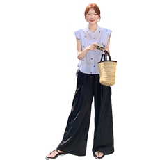 白色无袖上衣阔腿裤两件套女2025年夏季新款时尚独特绝美高腰套装，女装套装/套裙，2C135
