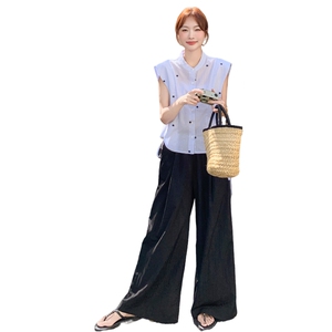 白色无袖上衣阔腿裤两件套女2025年夏季新款时尚独特绝美高腰套装图片
