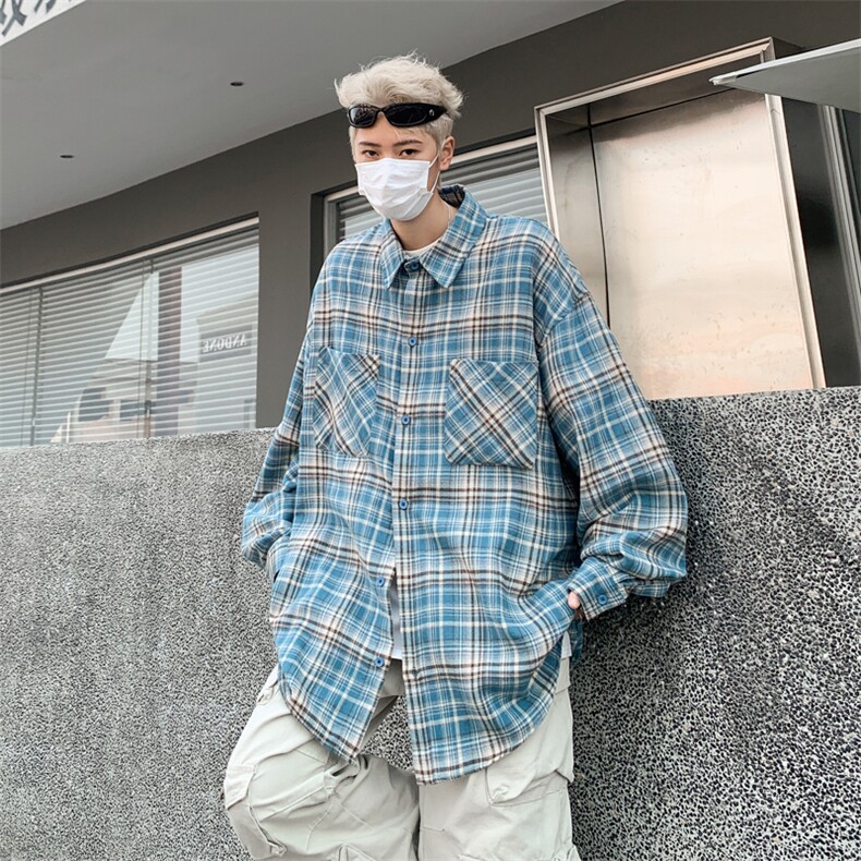 格子衬衫男士长袖2024春季新款港风美式复古ins潮牌宽松衬衣外套,男装衬衫,星座410-7