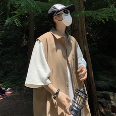 夏季日系男工装短袖衬衫痞帅高级感休闲假两件衬衣五分袖C085-P40，男装衬衫，星座308B-1