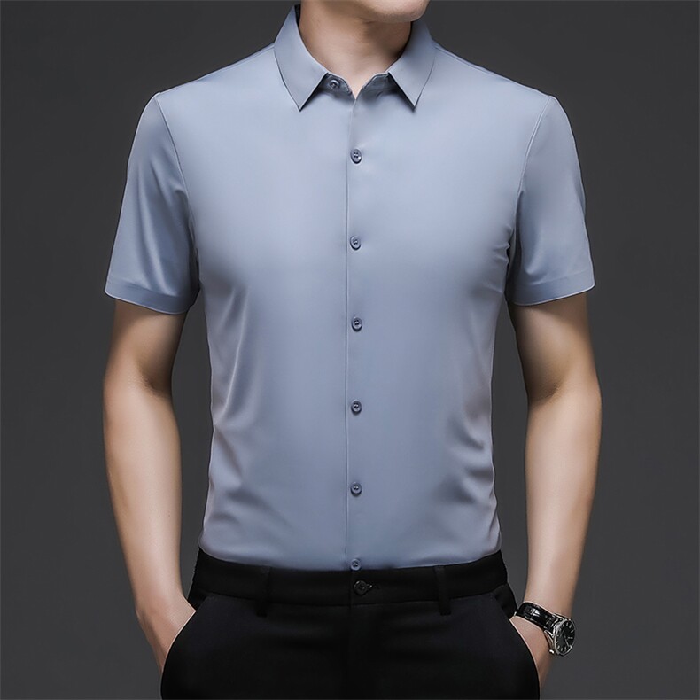 2023夏季新款短袖衬衫男薄款宽松中年男士商务免烫休闲纯色衬衣图片
