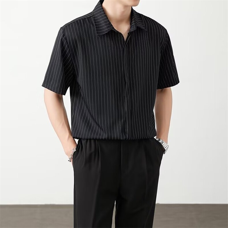 港风夏款男短袖衬衫竖条纹宽松内扣衬衣大码S-4XL CS0008 P38图片
