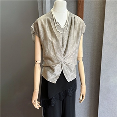 女夏季新款韩版时尚套装V领扭结褶皱无袖上衣蕾丝屁帘长裤两件套，女装套装/套裙，江南