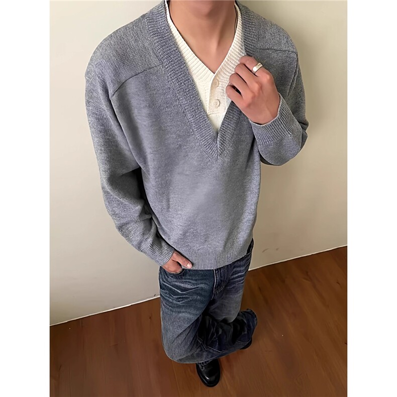 老钱风假两件v领毛衣男秋冬季cleanfit情侣针织打底衫LMY9572-P60,男装T恤,星座1008