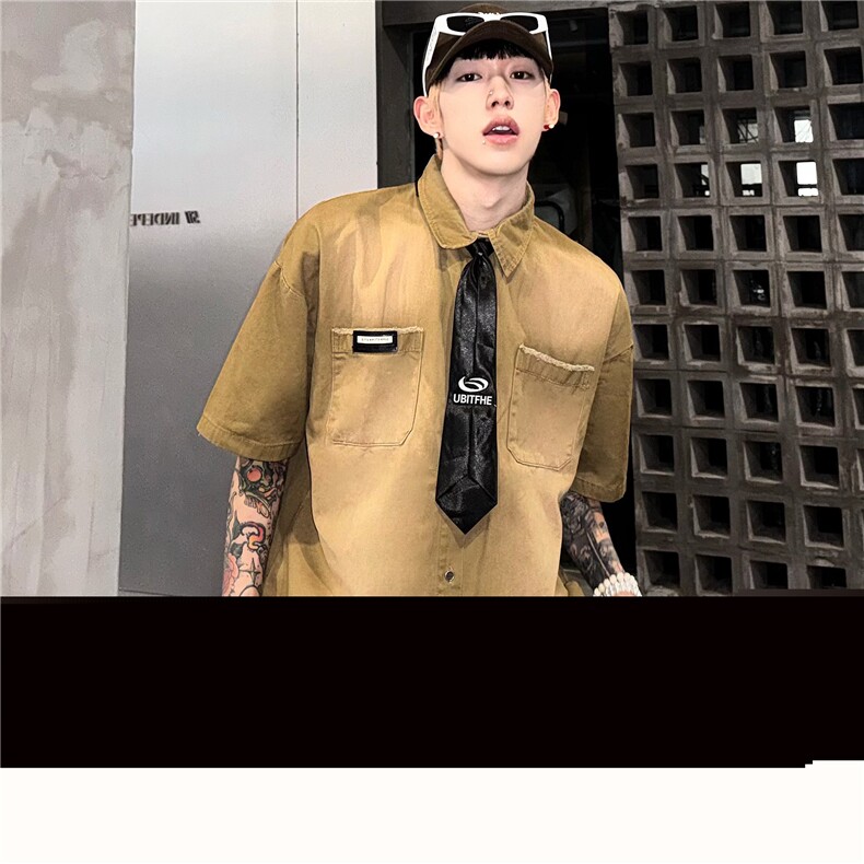短袖衬衫男夏季新款美式复古高街衬衣小众设计感潮流上衣,男装衬衫,星座716-2