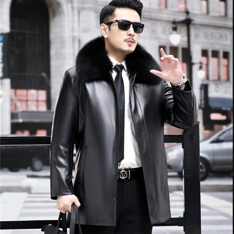皮衣新款2025男士秋翻领加绒皮夹克皮毛一体狐狸毛领兔毛，男装夹克，星座715-3