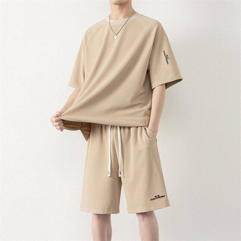 纯色二开TZ25308-特P55休闲套装男生港风宽松短袖短裤运动两件套,男装牛仔裤,电商D310B