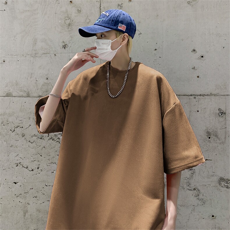 抖音得物直播高品质二开240克美式高街麂皮绒光版纯色短袖t恤12.5，男装T恤，电商A486