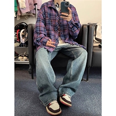 格子衬衫男长袖春秋季新款美式复古高街潮牌休闲宽松翻领衬衣，男装衬衫，星座410-6（原星座1304-1）