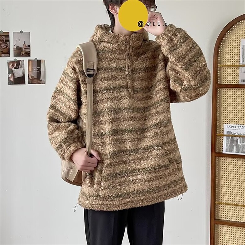 2024新款秋冬毛呢连帽卫衣男日系潮牌宽松休闲条纹套头外套,男装卫衣,星座716-2
