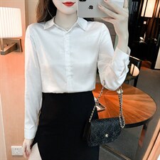 醋酸缎法式气质上衣设计感小众衬衣职业白色衬衫，女装衬衫，美吧服饰