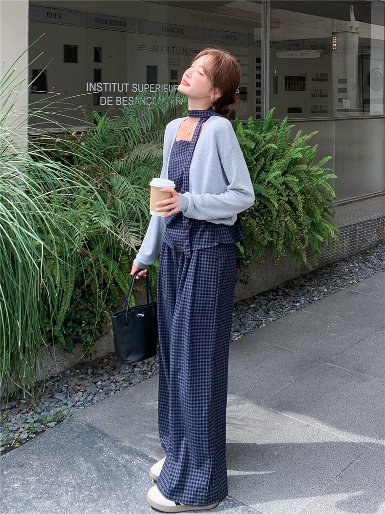 洋气时髦设计感复古格纹套装女2026春夏新款开衫吊带阔腿裤三件套,女装套装/套裙,艾米莉亚
