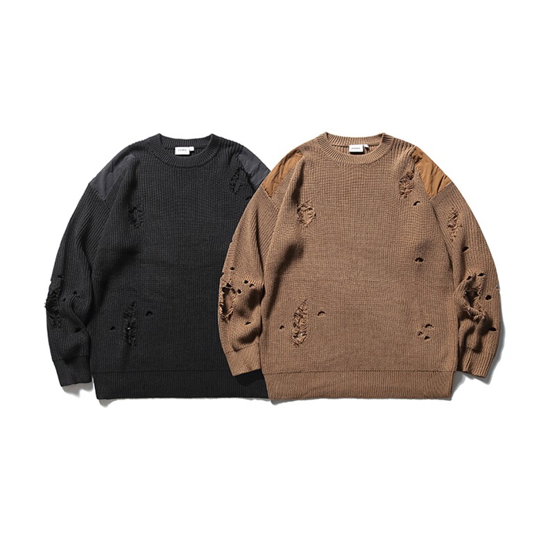 南夏乔装2025冬季新款撞色拼接破洞长袖针织衫日系复古宽松毛衣男图片