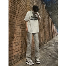 现货大码高品质微喇弹力烟灰水泥色直筒牛仔裤K5800-P55控78，男装牛仔裤，星座205