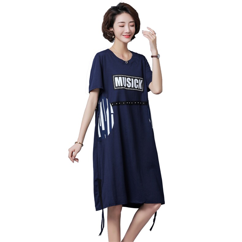 宽松腰圆领拼接口袋中长款短袖2021年夏季字母连衣裙,女装连衣裙,独衣靓