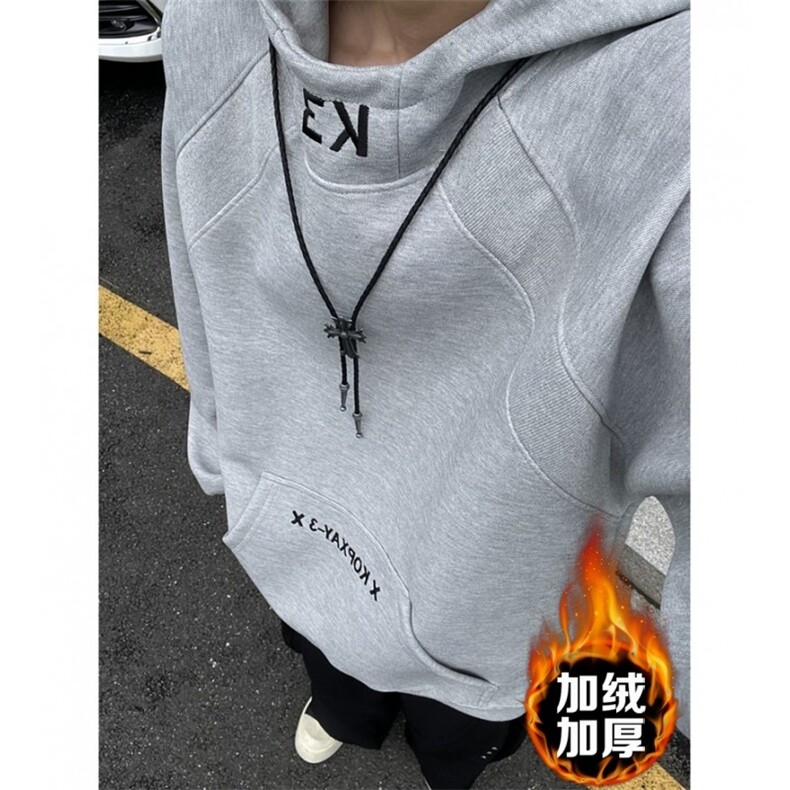 白花灰色高领连帽加绒卫衣男女秋冬美式拼接刺绣外套硬挺内搭套头图片
