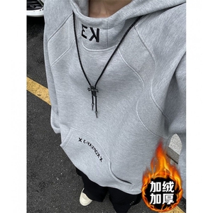 白花灰色高领连帽加绒卫衣男女秋冬美式拼接刺绣外套硬挺内搭套头图片