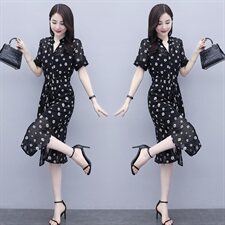 女士真丝桑蚕丝衬衫连衣裙女夏2024新款中年妈妈显瘦气质波点裙子，女装连衣裙，素月