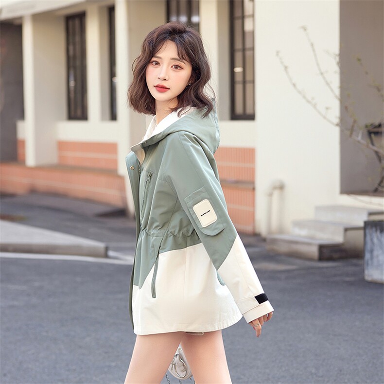 风衣外套女2025新款春季款小个子短款休闲宽松连帽撞色冲锋衣夹克,女装短外套,梦懿尔