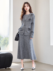 重工艺现货！秋季新款宽松时尚重工艺圆领亮片温柔气质三件套裙女，女装套装/套裙，宝儿家