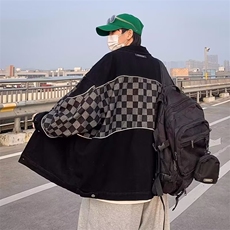 春秋季2023新款棋盘格外套男韩版情侣工装夹克港风宽松牛仔W99P65，男装夹克，星座1116-2