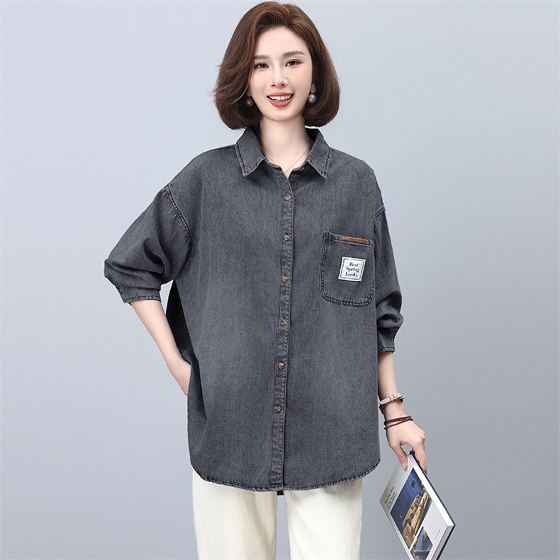 绿素棉衣橱好物POLO领牛仔衬衫外套女大码秋秋复古叠穿休闲衬衣,女装衬衫,忆绮罗