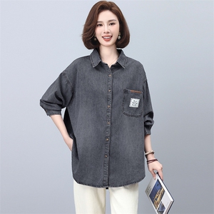 绿素棉衣橱好物POLO领牛仔衬衫外套女大码秋秋复古叠穿休闲衬衣图片