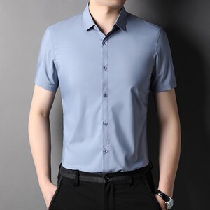 冰丝男士短袖衬衫夏季商务休闲时尚纯色寸衫中年免烫抗皱衬衣图片