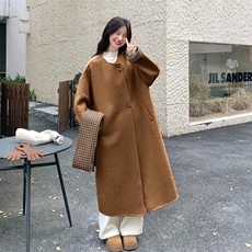 韩系圆领长款双面羊绒大衣女25冬新款宽松显瘦百搭外套潮，女装羊绒大衣，2D076