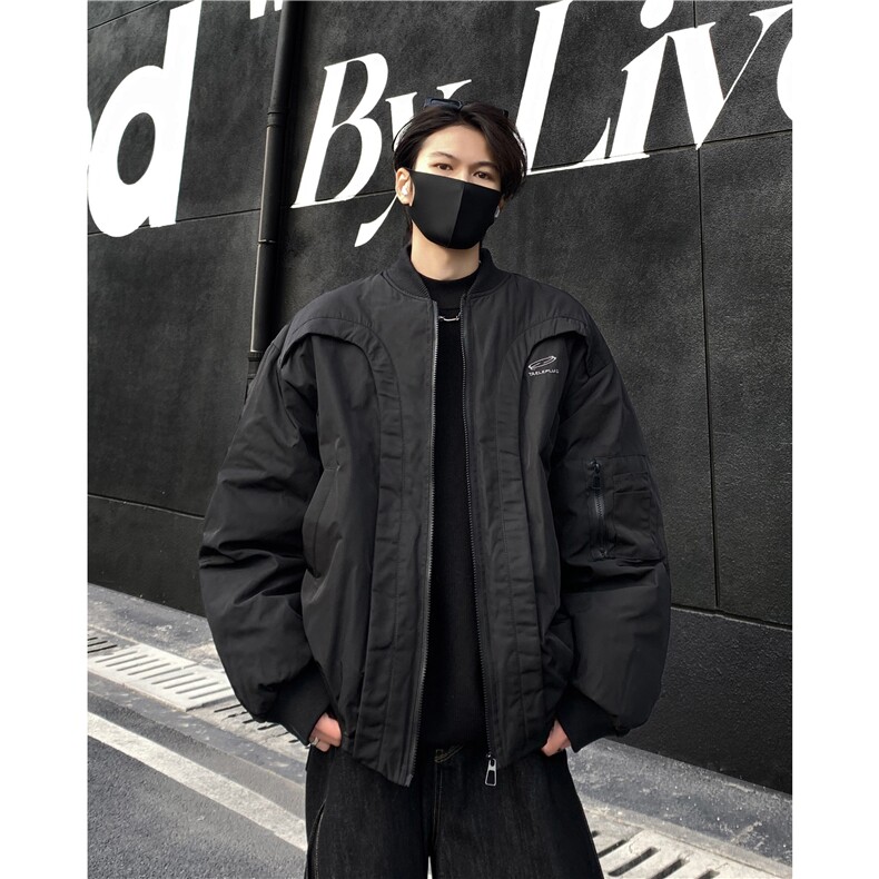 冬季新款美式潮牌解构弧形棒球服棉衣纯色男外套棉服男冬季p98,男装棉衣,电商C307