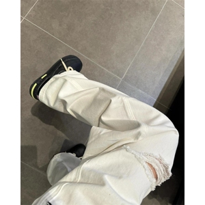 【网图】白色破洞牛仔裤男夏季薄款美式高街直筒弯刀裤WWNZ03-P48图片