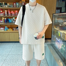 棋盘格子提花冰丝短袖T恤套装男士2025夏季装大码两件套TZ40-P25，男装T恤，星座1816-2（原1210–2）