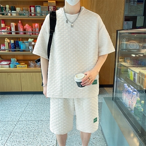 棋盘格子提花冰丝短袖T恤套装男士2025夏季装大码两件套TZ40-P25图片