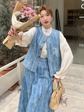 春天小清新开春穿搭牛仔套装裙女2025新款刺绣马甲半身裙三件套装，女装套装/套裙，浙宝305
